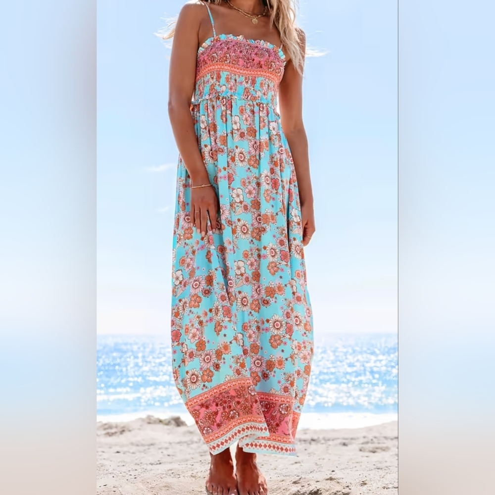 Cupshe Floral Maxi Dress With Cinched Ruffle Top- in Aqua & Coral - Picture 6 of 14